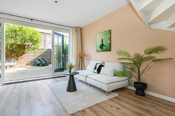 een moderne huiskamer met een comfortabele bank en grote plant. mooie lichte ruimte met openslaande deuren en een warme zonnige tuin.